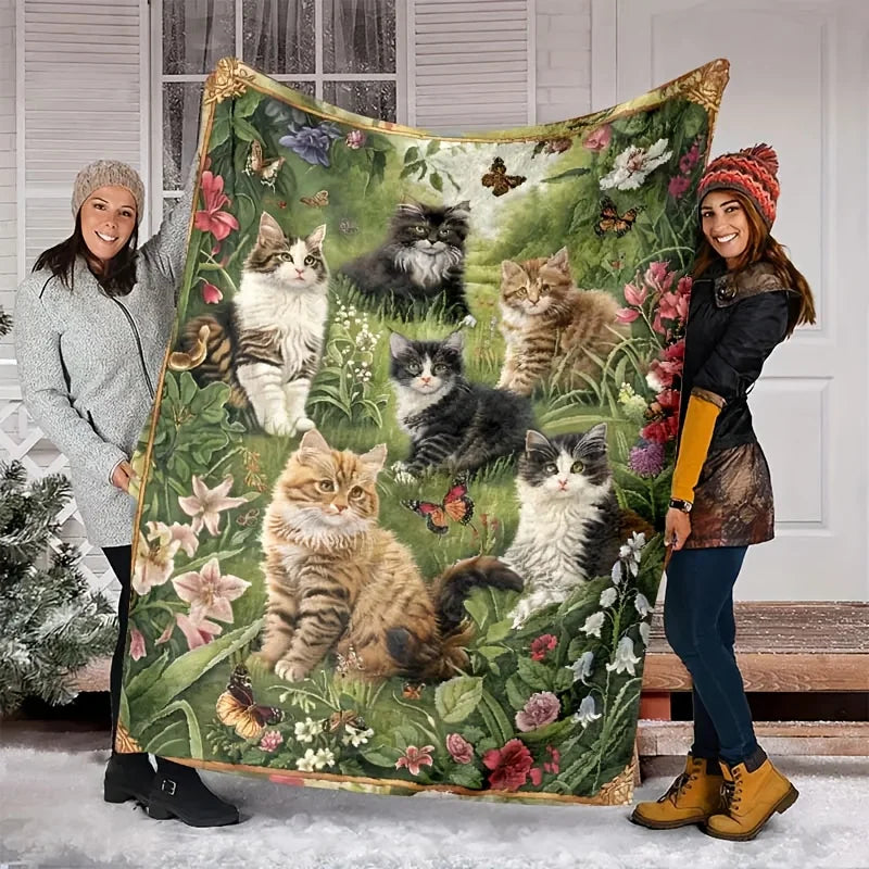 Vintage Pastoral Cat and Floral Print Flannel Throw Blanket, Reversible, All-Season Cozy Knitted Polyester Shawl, Fantasy Themed