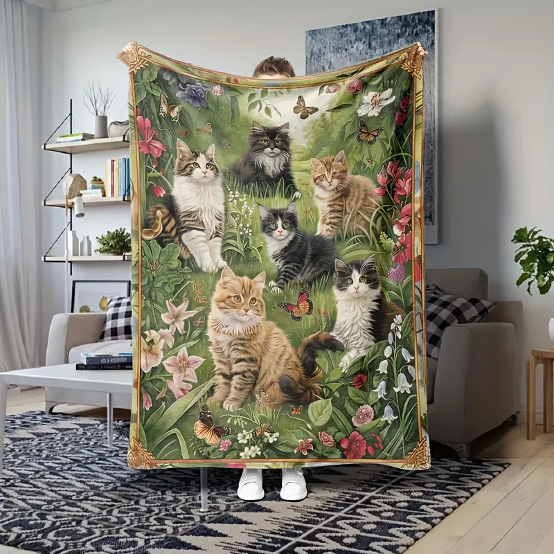 Vintage Pastoral Cat and Floral Print Flannel Throw Blanket, Reversible, All-Season Cozy Knitted Polyester Shawl, Fantasy Themed