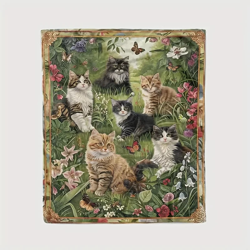 Vintage Pastoral Cat and Floral Print Flannel Throw Blanket, Reversible, All-Season Cozy Knitted Polyester Shawl, Fantasy Themed