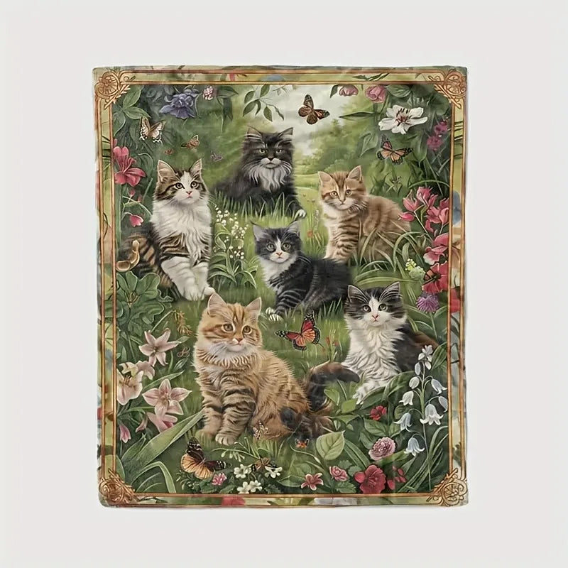Vintage Pastoral Cat and Floral Print Flannel Throw Blanket, Reversible, All-Season Cozy Knitted Polyester Shawl, Fantasy Themed